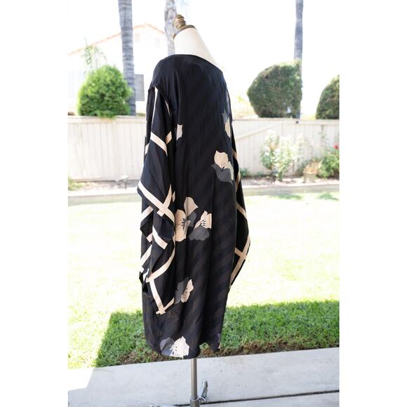 100% Vintage Mod Kaftan Dress Long Sleeve Black Floral Flowy - Picture 7 of 9